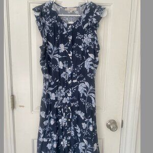Loft Button Front Blue Floral Dress